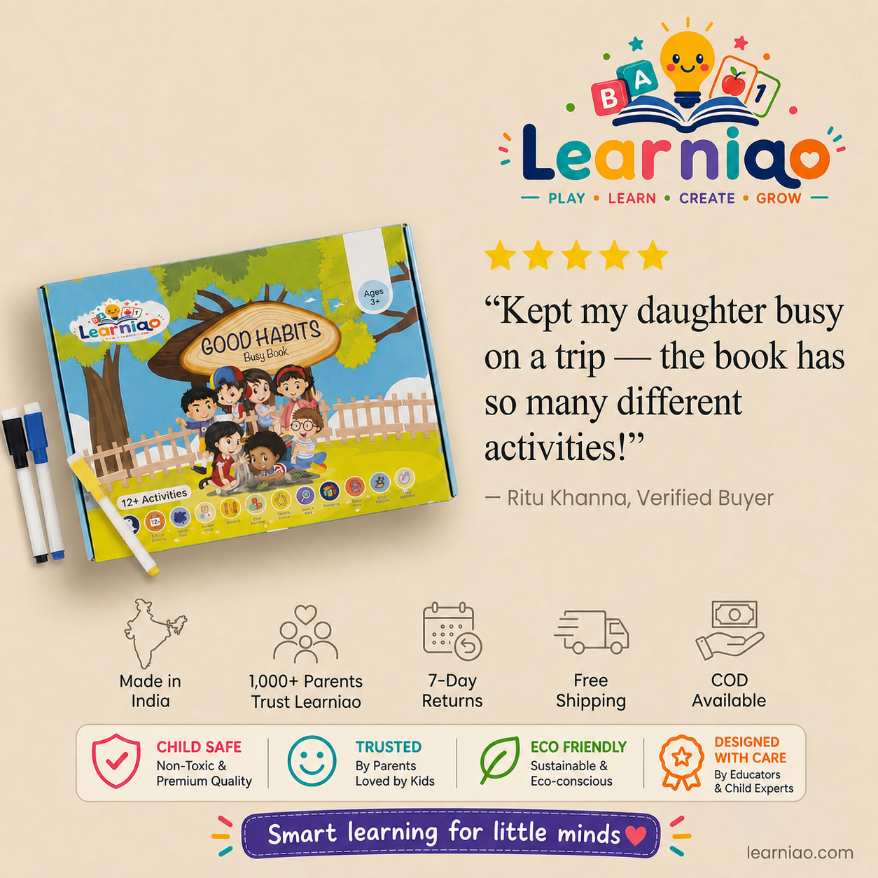 LearniQ Good Habits Busy Book | Teach Your Toddler Good Habits for Life | Activity Kit for Ages 3–6 (Copy)